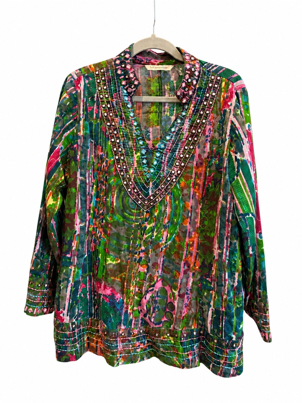 Soft Surroundings Mosaic Embroidered Colorful Tunic Boho Classy Medium